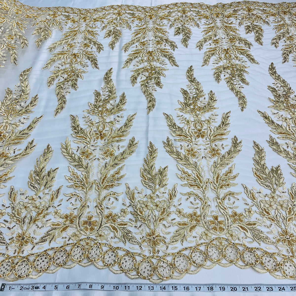 1 Yard Beaded & Corded Embroidered Lace Fabric on 100% Polyester Net Mesh 51" Wide