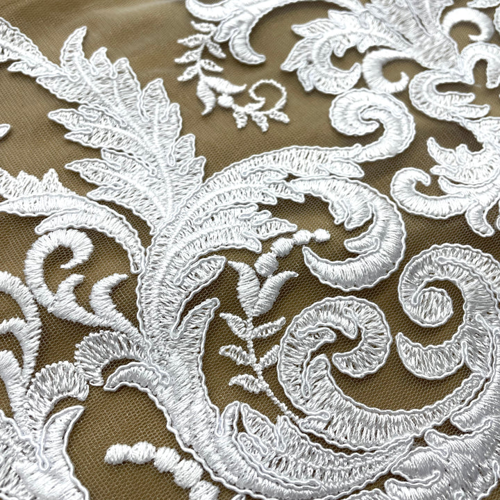 1 Yard Exquisite Corded Bridal Lace Fabric Embroidered on 100% Polyester Net Mesh White