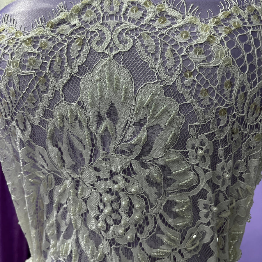 3 Yards Beaded Chantilly Embroidered Lace Fabric with Eyelash Scallop