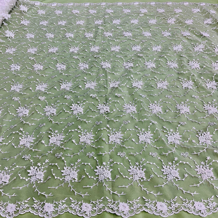 1 Yard Elegant Beaded and Corded Bridal Lace Fabric Embroidered on 100% Polyester Net Mesh White