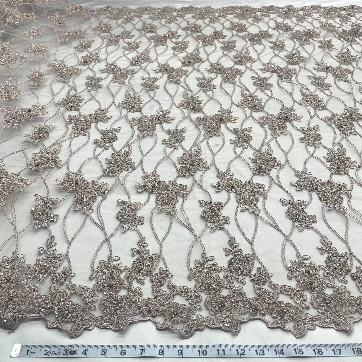 GD-381 Beaded & Corded Bridal Lace Fabric - Nude, Embroidered Net Mesh, 52" Width (1 Yard)