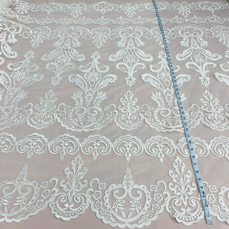 1 Yard Luxurious Corded Bridal Lace Fabric with Floral Embroidery White