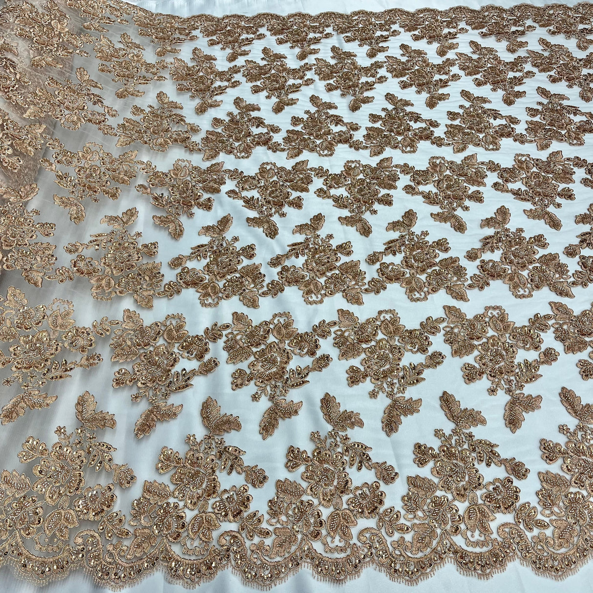 Beaded Corded Bridal Lace Polyester Fabric - Gold Metallic, Silver Metallic, White, Ivory, Rose Gold, Hunter Green, 51" Wide (1 Yard)