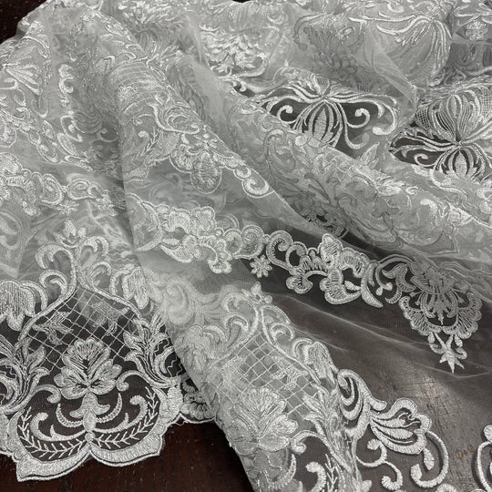 1 Yard Elegant Corded Bridal Lace Fabric Embroidered on Polyester Net Mesh