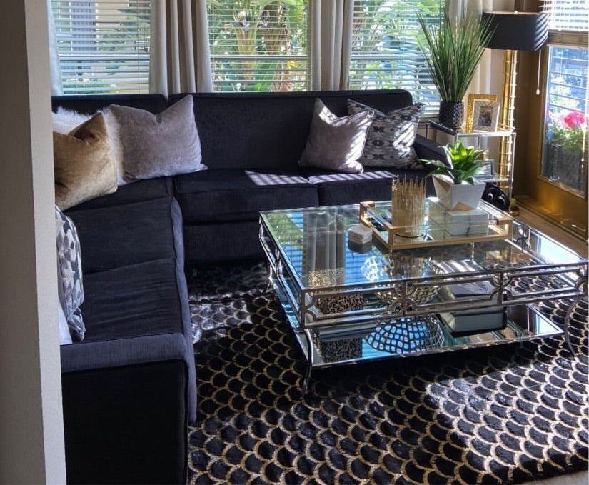 Enchanting Black Mermaid Half Moon Faux Fur Rug - Shimmery Golden Metallic, Black Moon (7'6" X 10'3")