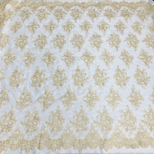 1 Yard Corded Bridal Lace Fabric Embroidered on 100% Polyester Net Mesh Gold 54" Wide
