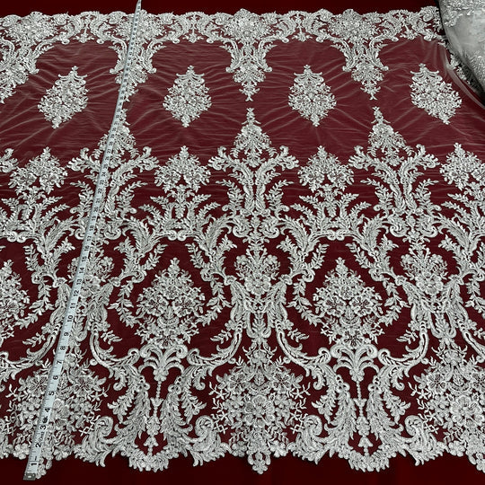 1 Yard Elegant Corded Bridal Lace Fabric Embroidered on Polyester Net Mesh