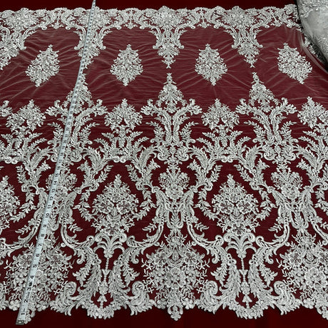 1 Yard Elegant Corded Bridal Lace Fabric Embroidered on Polyester Net Mesh
