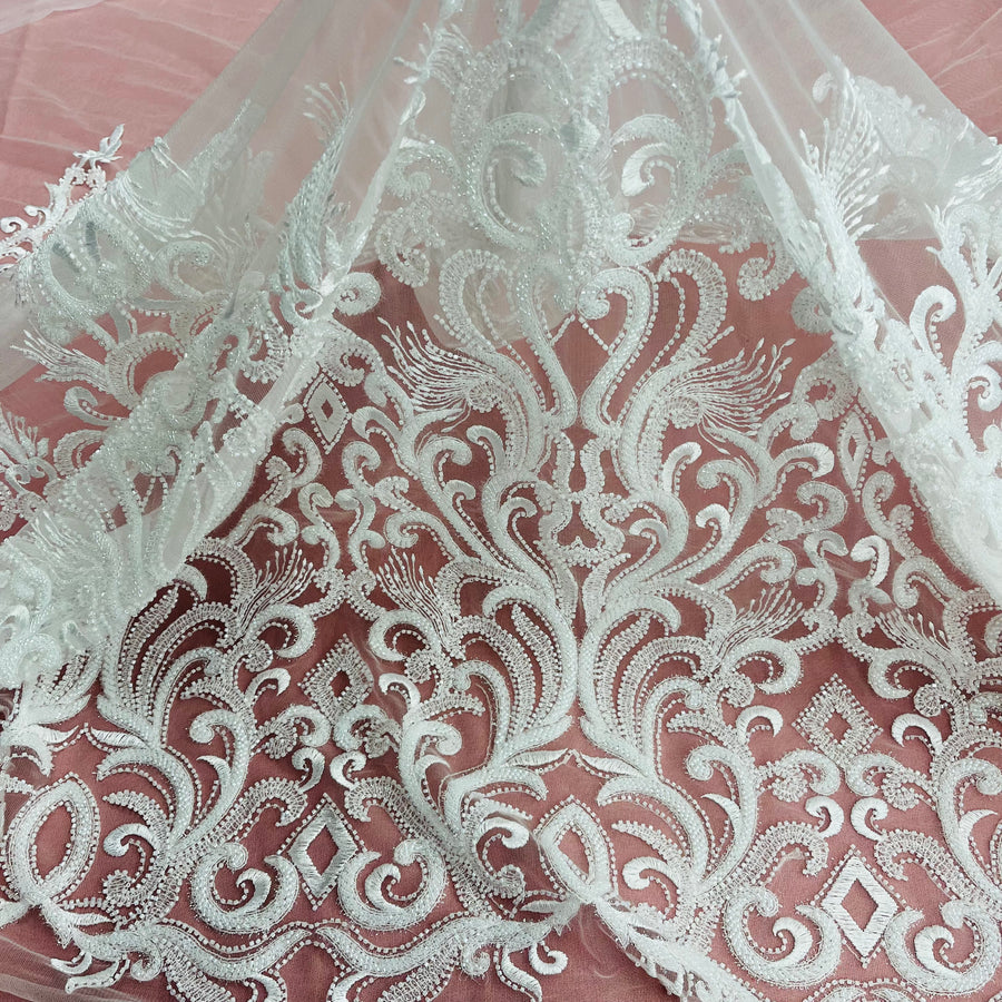 1 Yard Beaded Lace Fabric Embroidered with Fuzzy Thread on Polyester Net Mesh