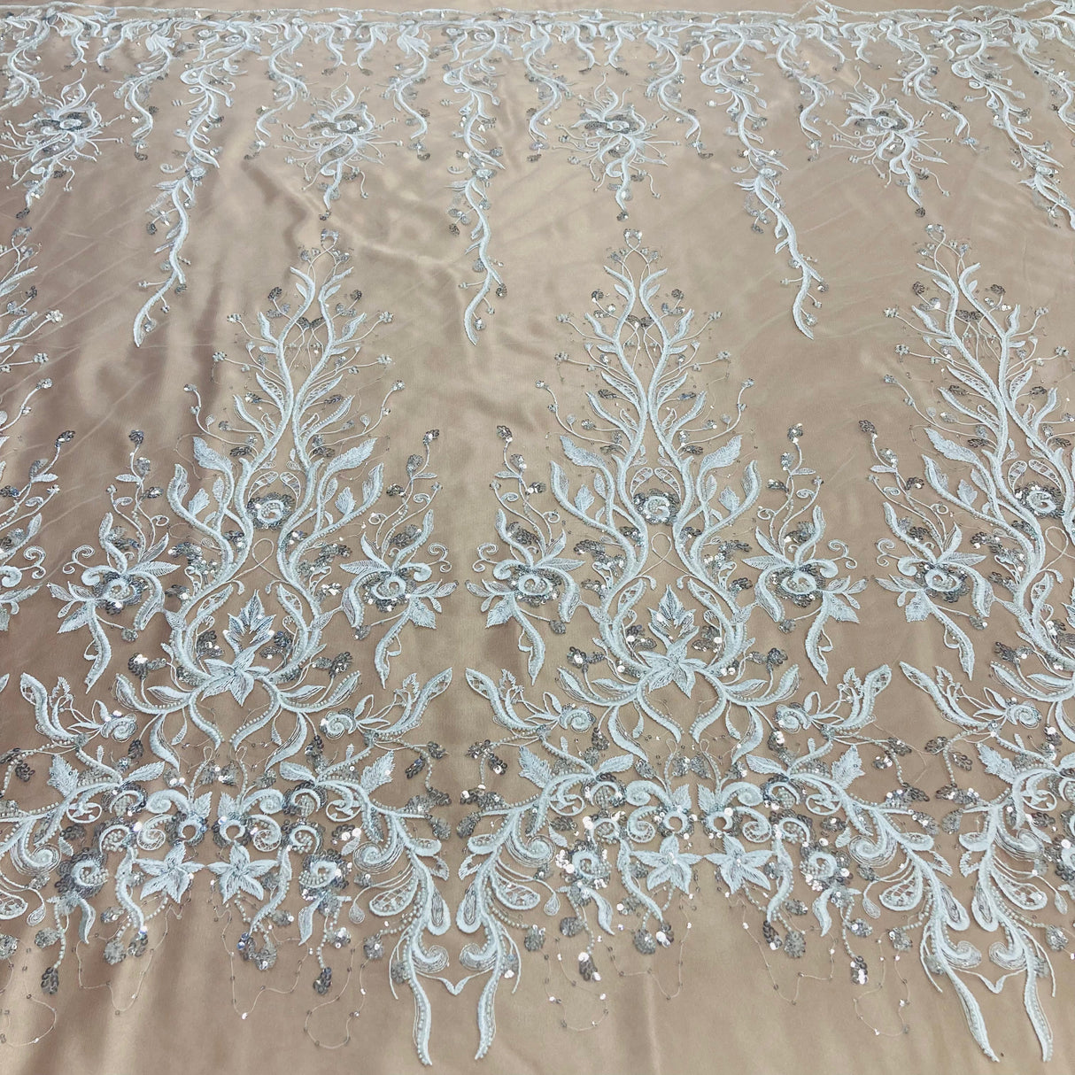 Beaded Lace Embroidered On 100 Percent Polyester Net Mesh Fabric - Gold, Silver, Ivory, White, Beaded Lace, 52" Width (1 Yard)