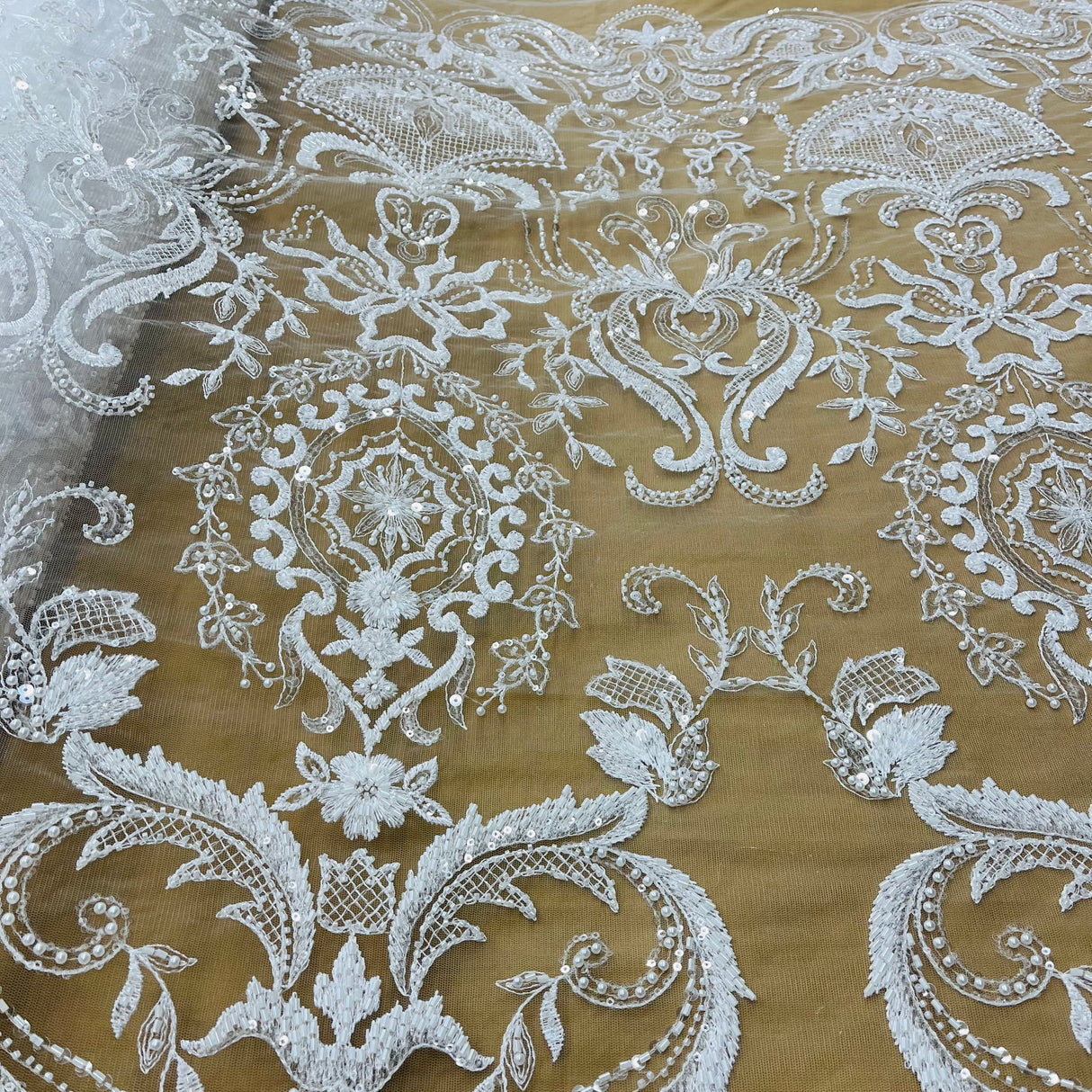 Beaded Lace Fabric on Polyester Net Mesh