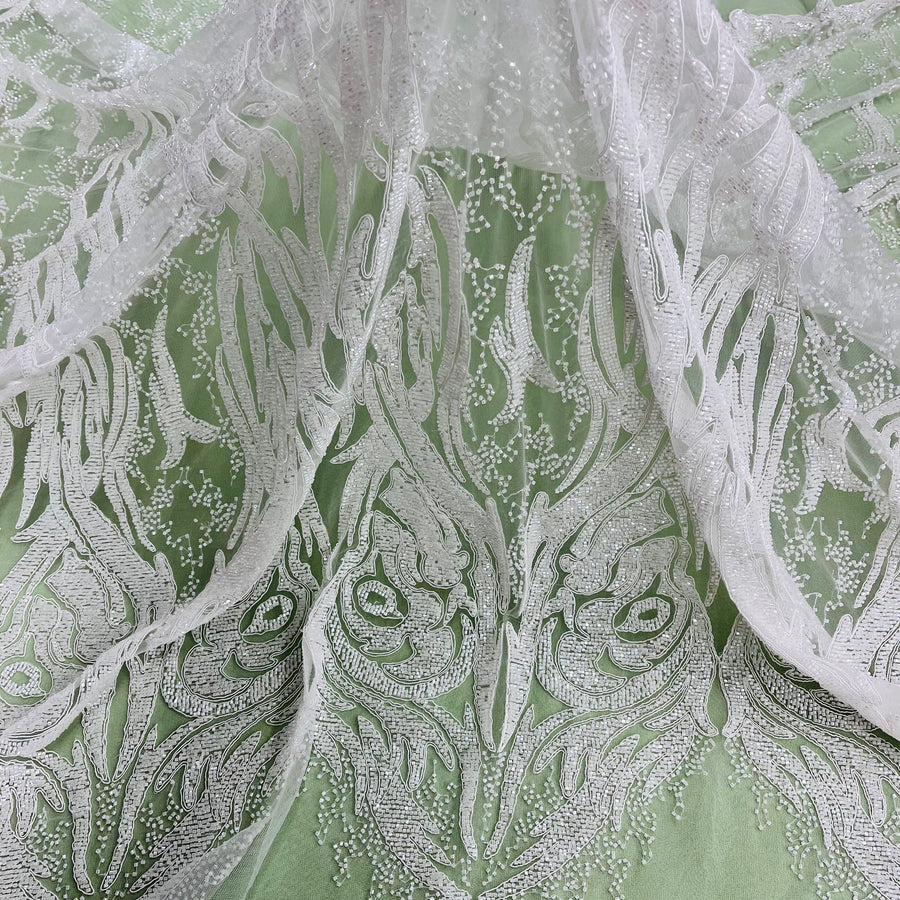 1 Yard Beaded and Corded Bridal Lace Fabric Embroidered on Polyester Net Mesh