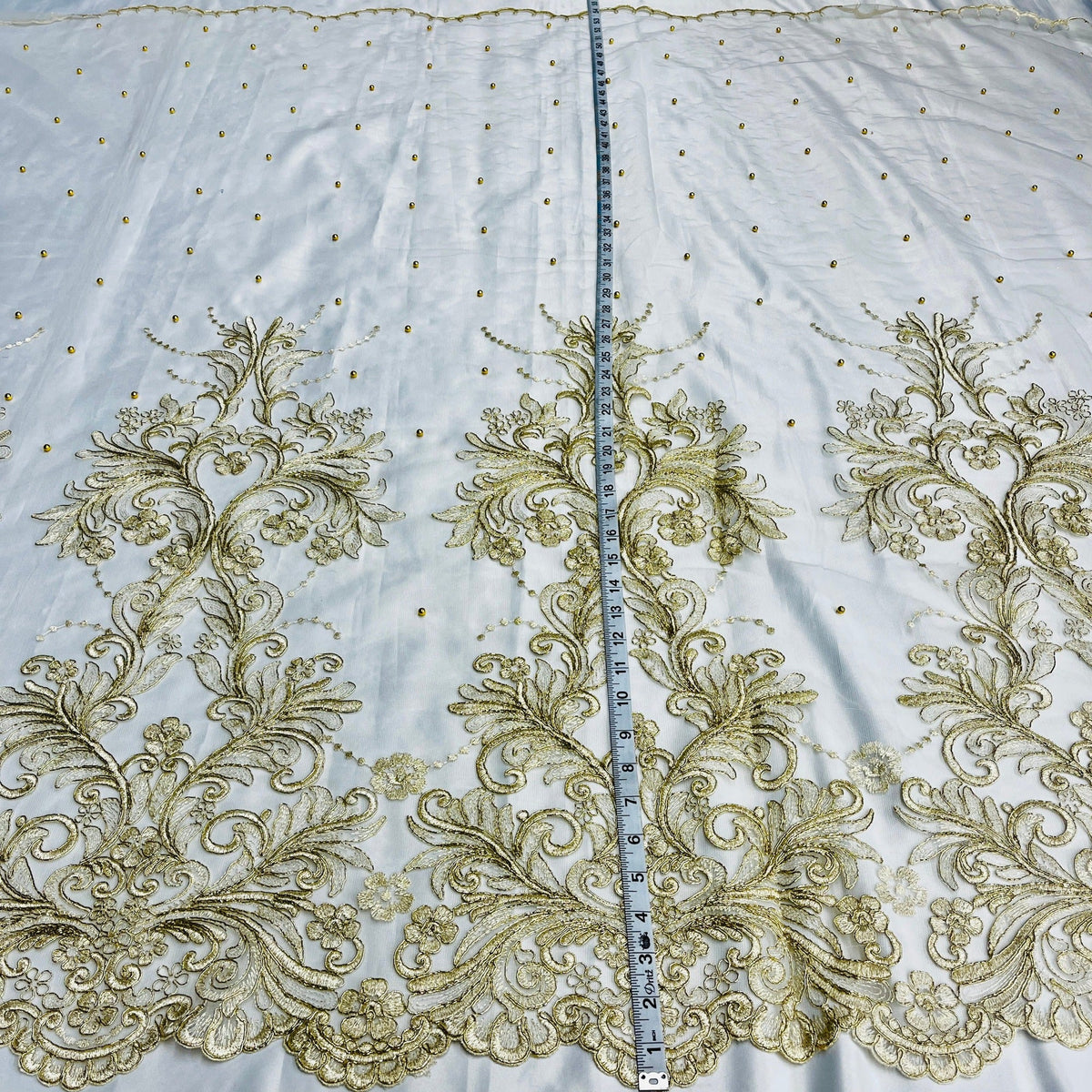 1 Yard Elegant Beaded & Corded Embroidered Bridal Lace on Polyester Mesh, Style 73013W-NB