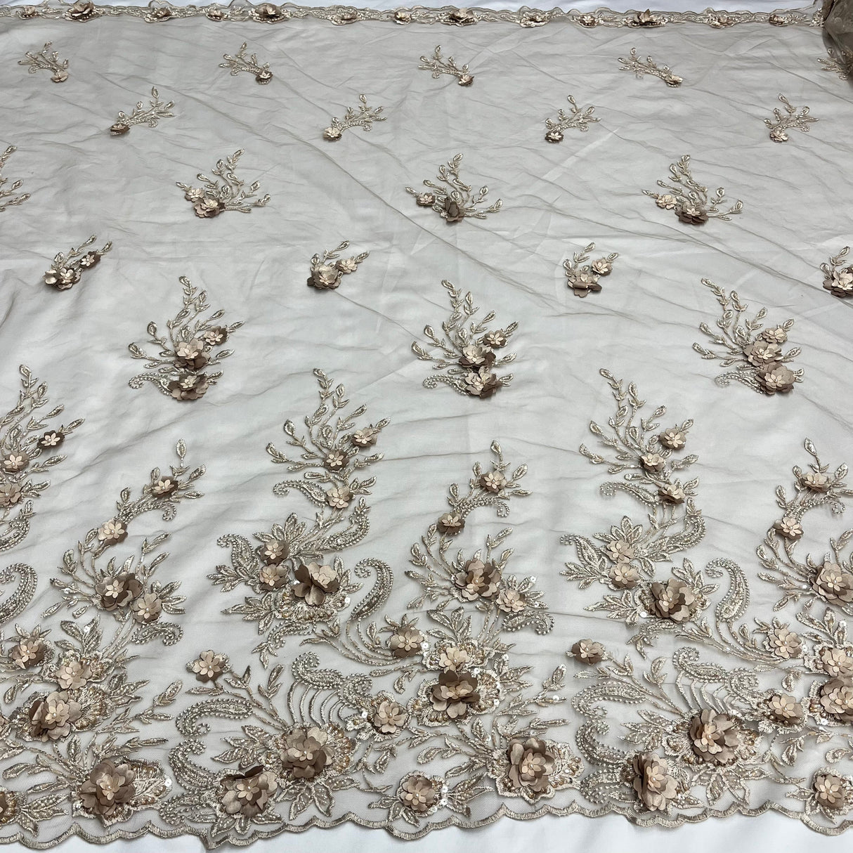 Beaded 3D Floral Lace Polyester Fabric - Black, Dusty Rose, Vanilla, 51" Width (1 Yard)