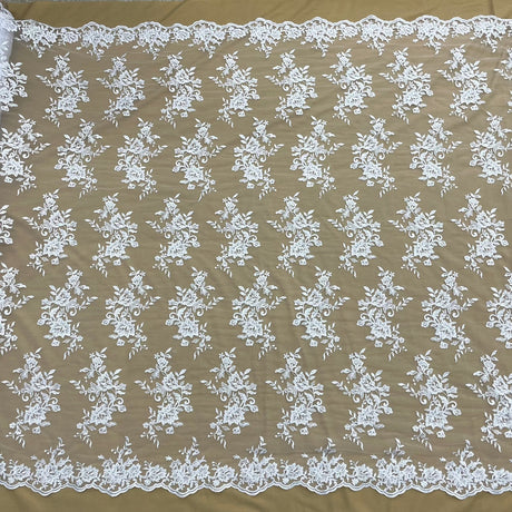 1 Yard - Corded Bridal Lace Fabric Embroidered on 100% Polyester Net Mesh Ivory with Silver - 53"