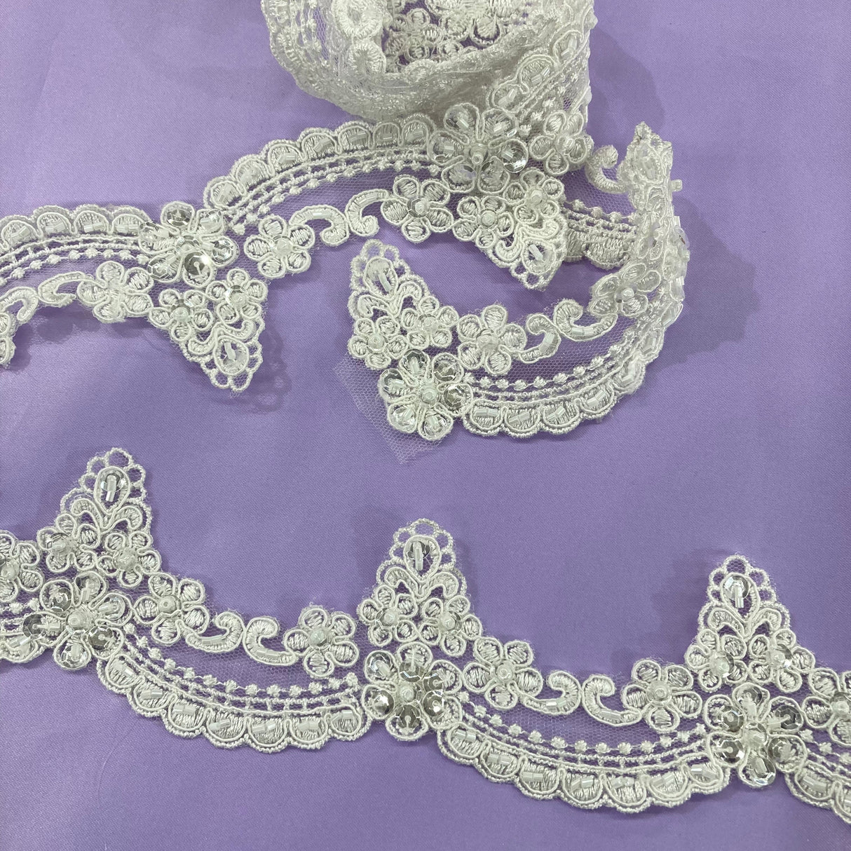 Beaded Corded Lace Trim 2.5" Ivory White