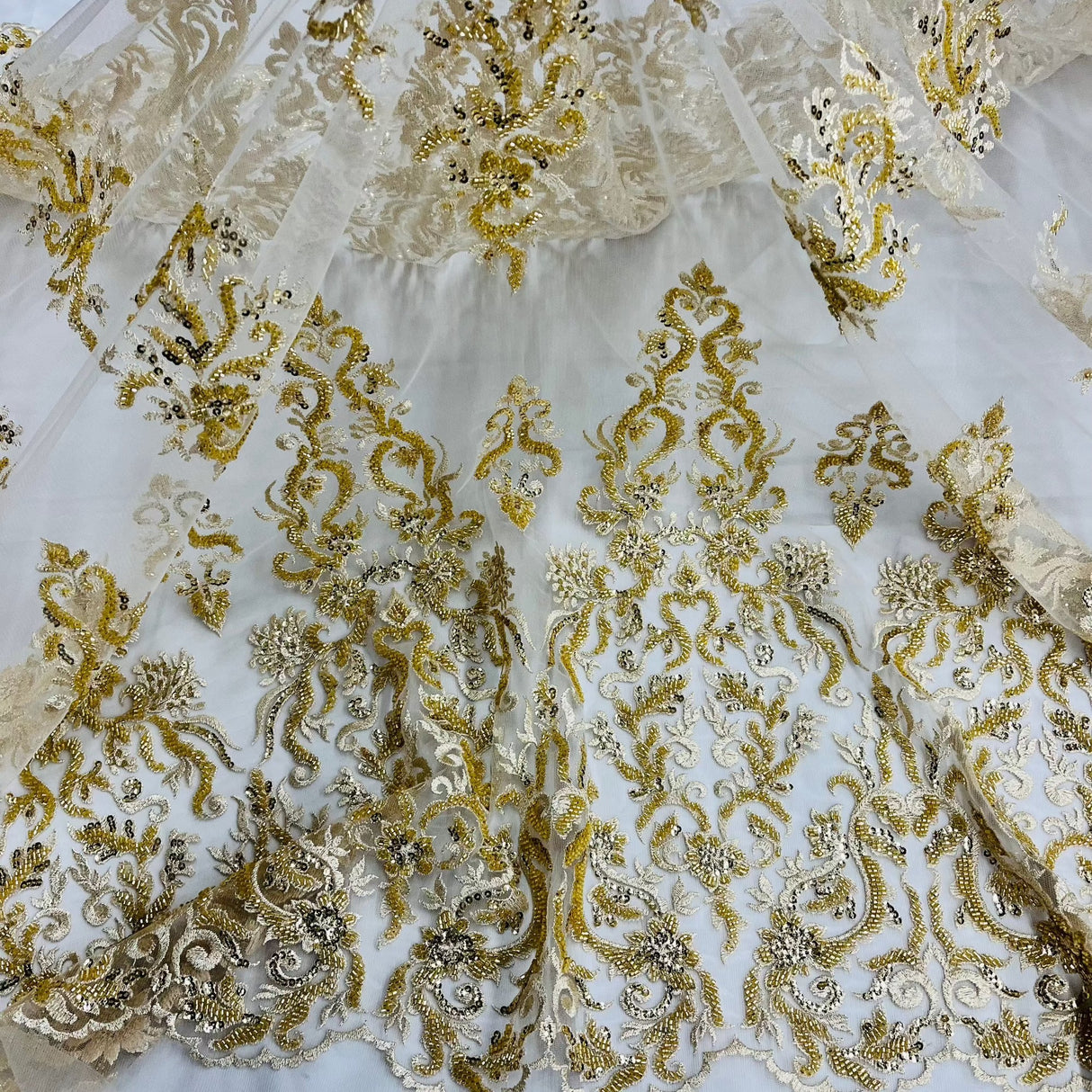 Beaded Sequined Lace Fabric Ivory