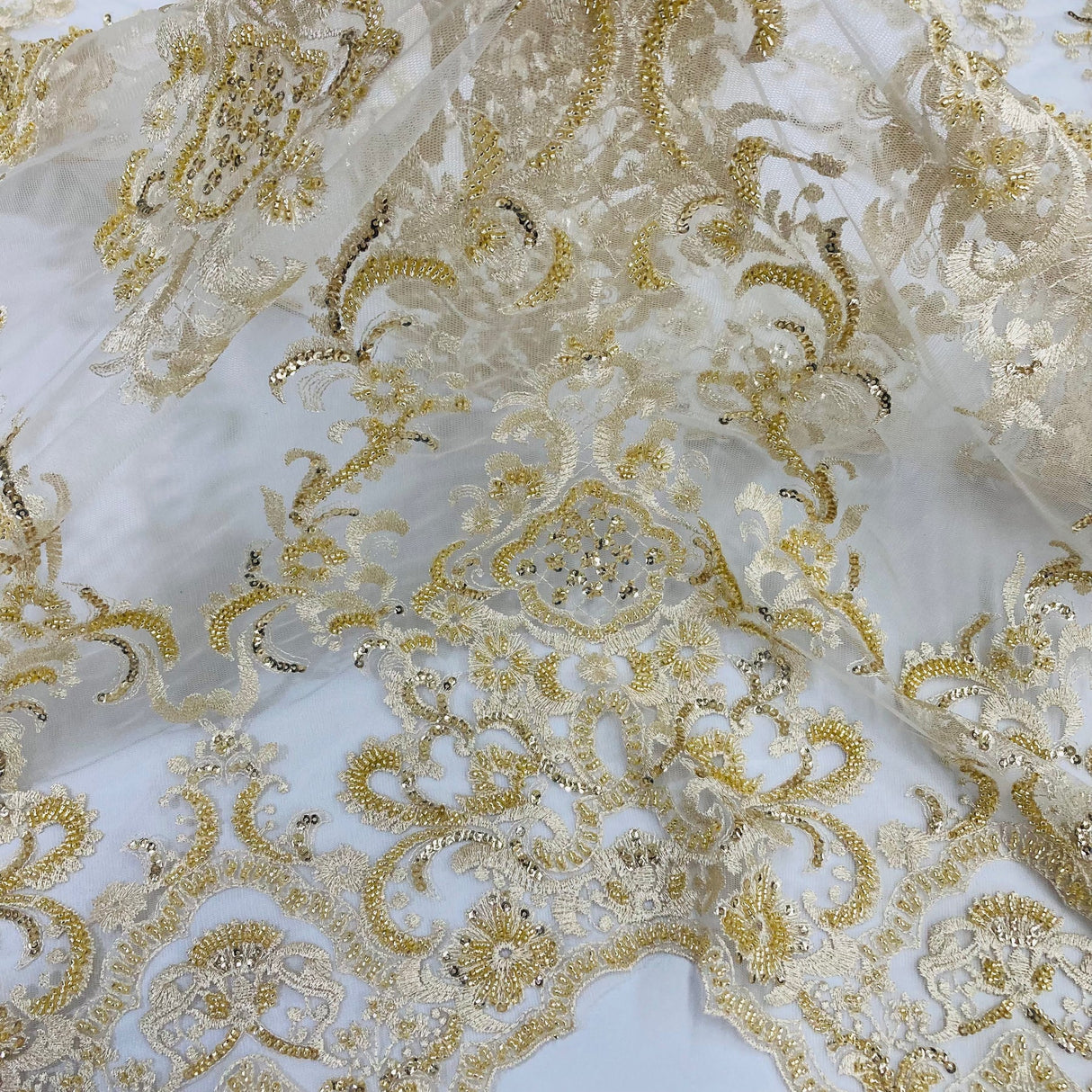 1 Yard Luxurious Beaded Lace Fabric Embroidered on 100% Polyester Net Mesh