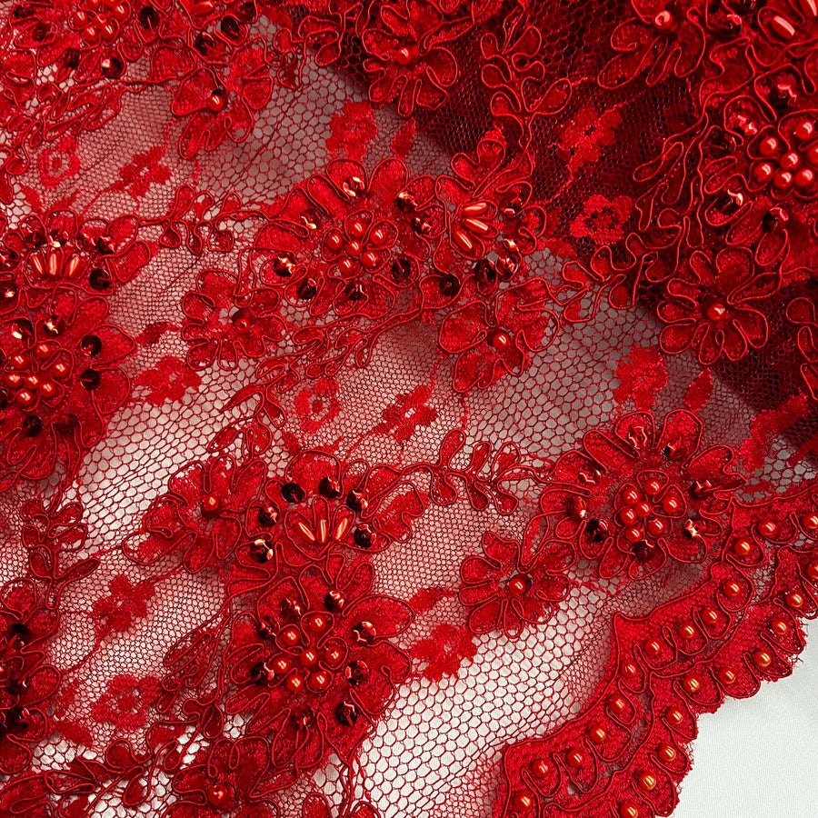 1 Yard Premium Beaded and Corded Lace Fabric Embroidered on Polyester Net Mesh