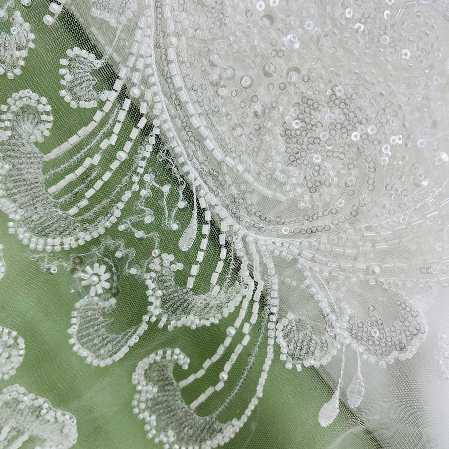 1 Yard Exquisite Beaded Lace Fabric Embroidered on Polyester Net Mesh White Ivory and Blush