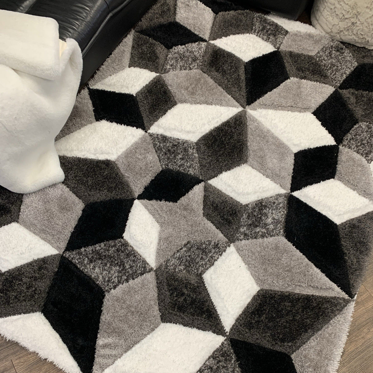 SR-729 Polyester Fabric - Silver Black White 3D Geometric Shag, 7'6" X 10'3", 5' 3" X 7' 5" (1 Rug)