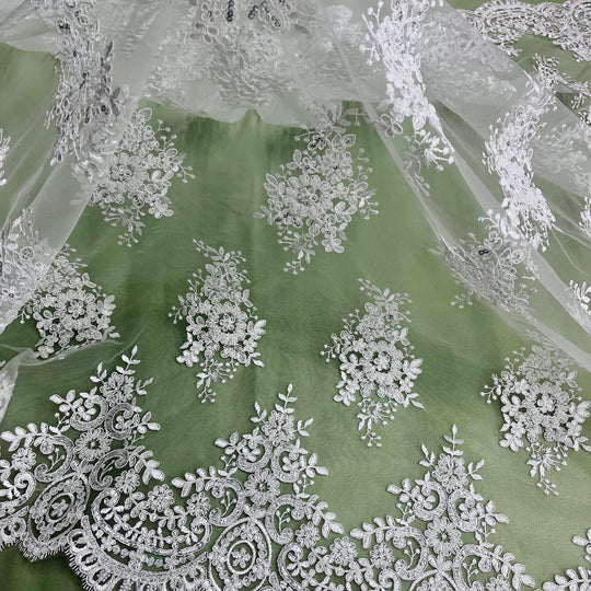 1 Yard Exquisite Beaded and Corded Lace Fabric Embroidered on Polyester Net Mesh