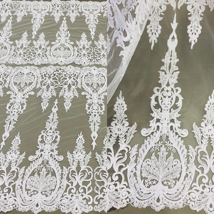 1 Yard Exquisite Corded Bridal Lace Fabric Embroidered on 100% Polyester Net Mesh White