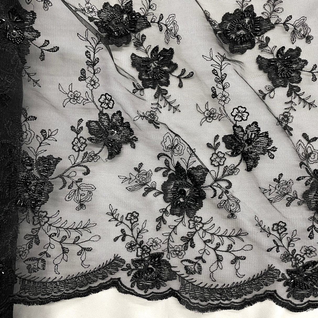 Beaded Embroidered Lace Fabric Black