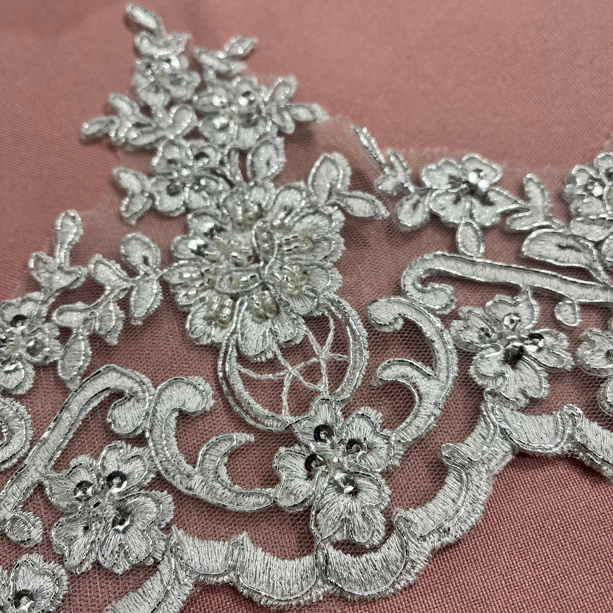 1 Yard Beaded & Corded Floral Lace Trimming on 100% Polyester Net Mesh, Elegant Embroidered Lace Trim