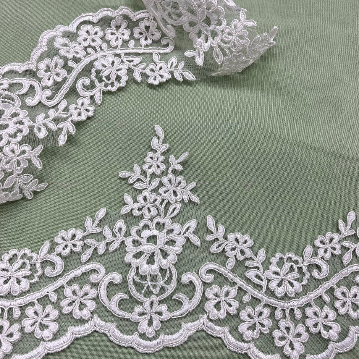 Corded Lace Trimming Embroidered On 100 Percent Polyester Net Mesh Fabric - Black, Ivory With Gold, Ivory With Silver, Ivory, Silver, White, 6" Width (1 Yard)