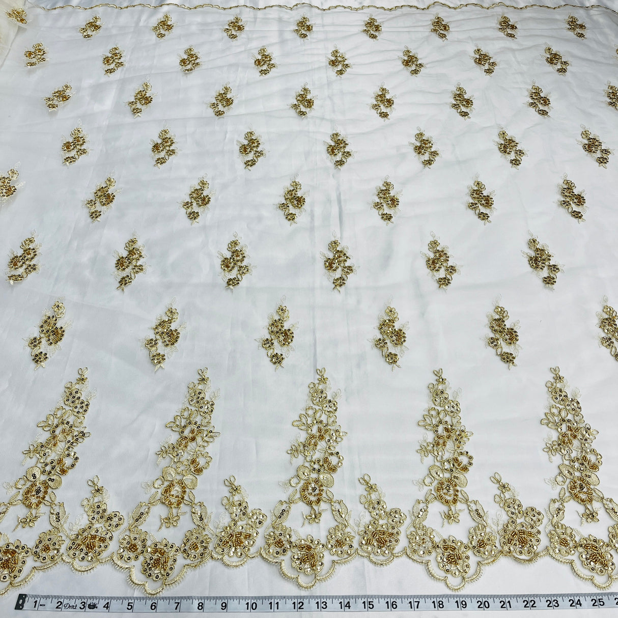 Beaded Corded Floral Bridal Lace Fabric - White, Scalloped Border, 54" Width (1 Yard)