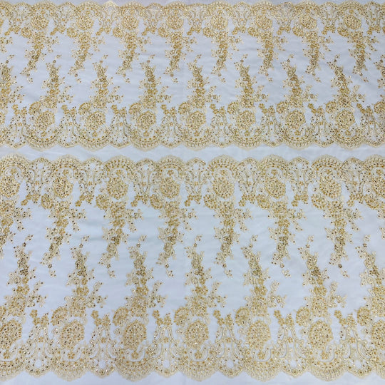 1 Yard Beaded Corded Bridal Lace Fabric Embroidered 100 Percent Polyester Net Mesh 48 inch Width