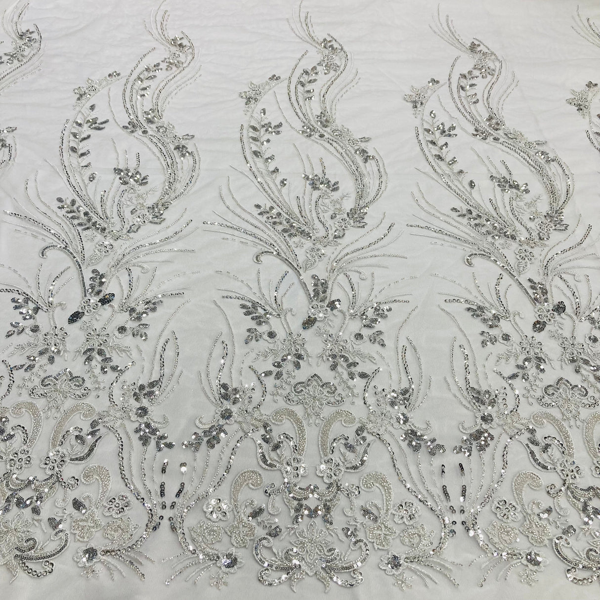 Beaded Lace Fabric - Embroidered On 100 Percent Polyester Net Mesh, Gold, Silver, Ivory, White, 54" Width (1 Yard)