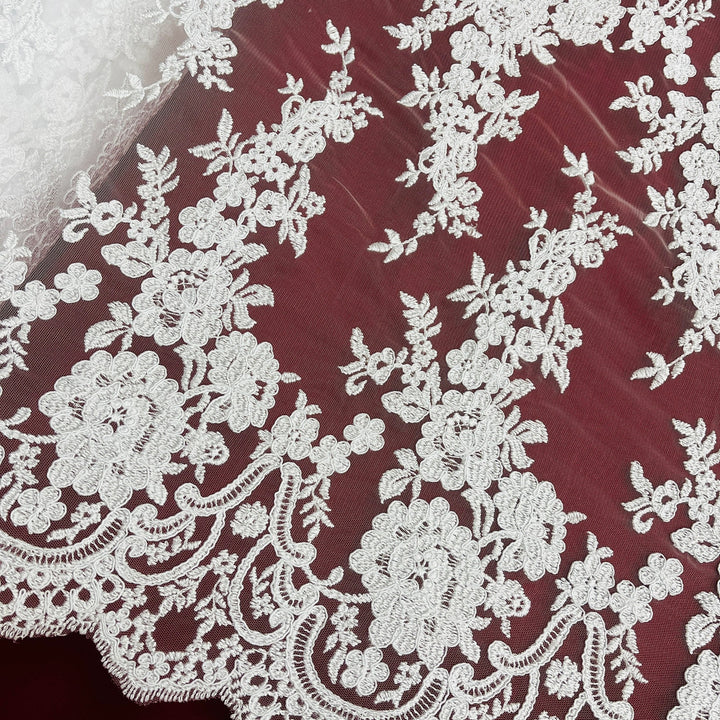 1 Yard Exquisite Corded Bridal Lace Fabric with Embroidered Floral Details White