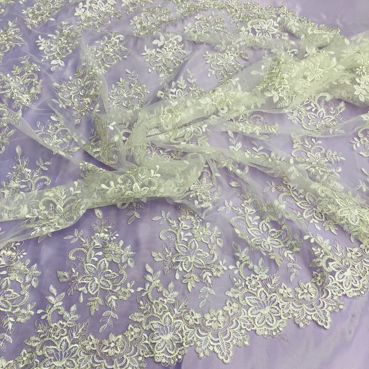 1 Yard Corded Bridal Lace Fabric Embroidered on 100% Polyester Net Mesh White