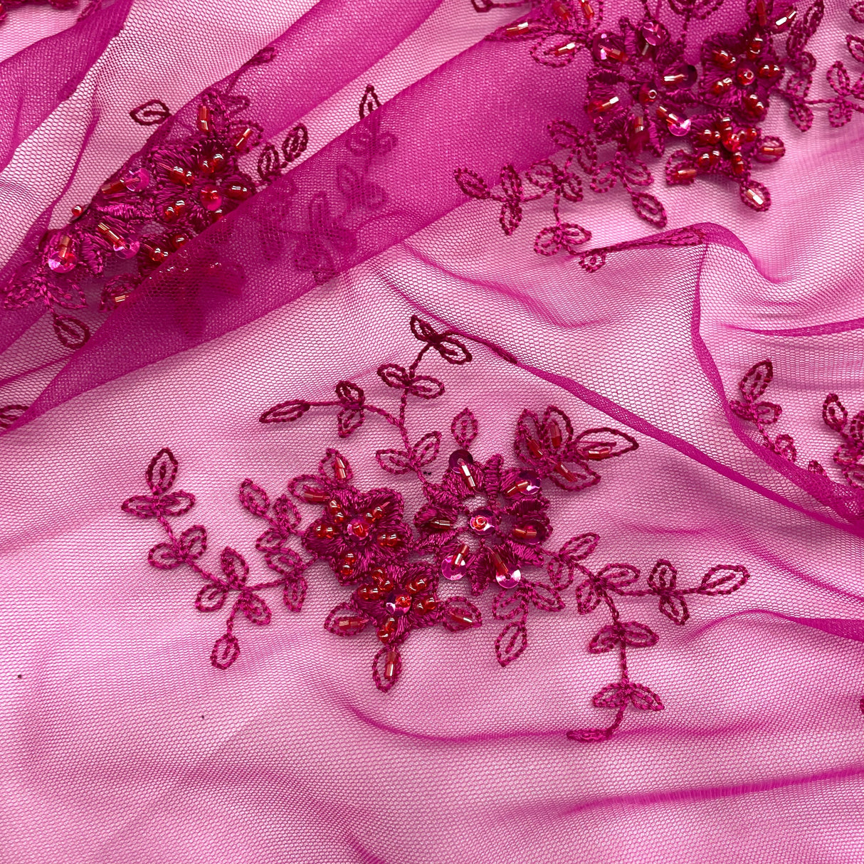 Beaded Lace Fabric - Fuchsia Beaded Embroidered Lace, 51" Width (1 Yard)