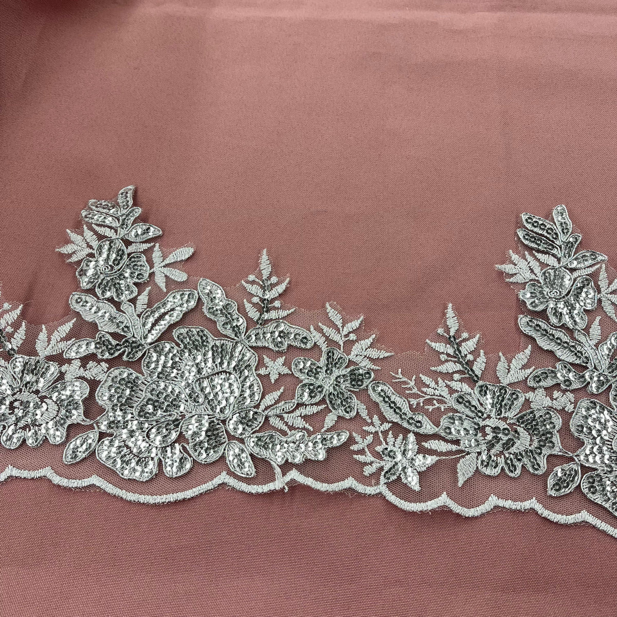 1 Yard Beaded Corded Floral Lace Trimming on 100% Polyester Net Mesh, Elegant Embroidered Lace Fabric