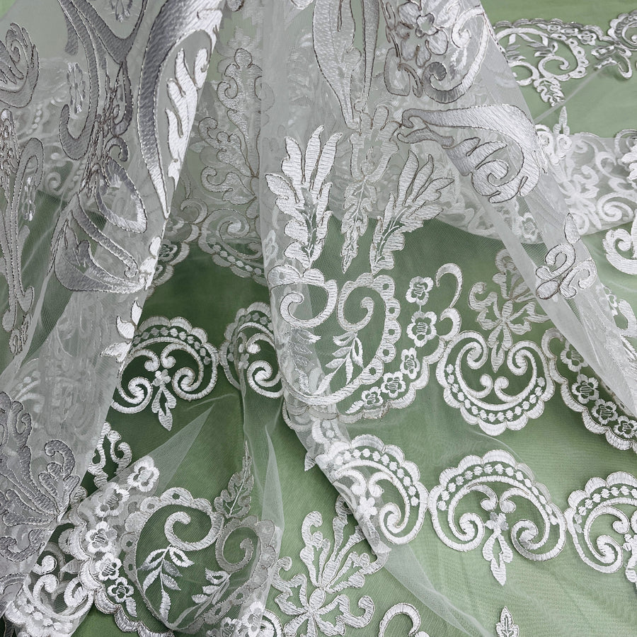 1 Yard Corded Bridal Lace Fabric Embroidered on Polyester Net Mesh