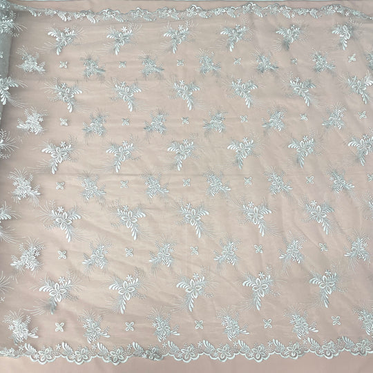 1 Yard Silver Beaded Lace Fabric Embroidered on Polyester Net Mesh for Wedding and Evening Gowns – 52"