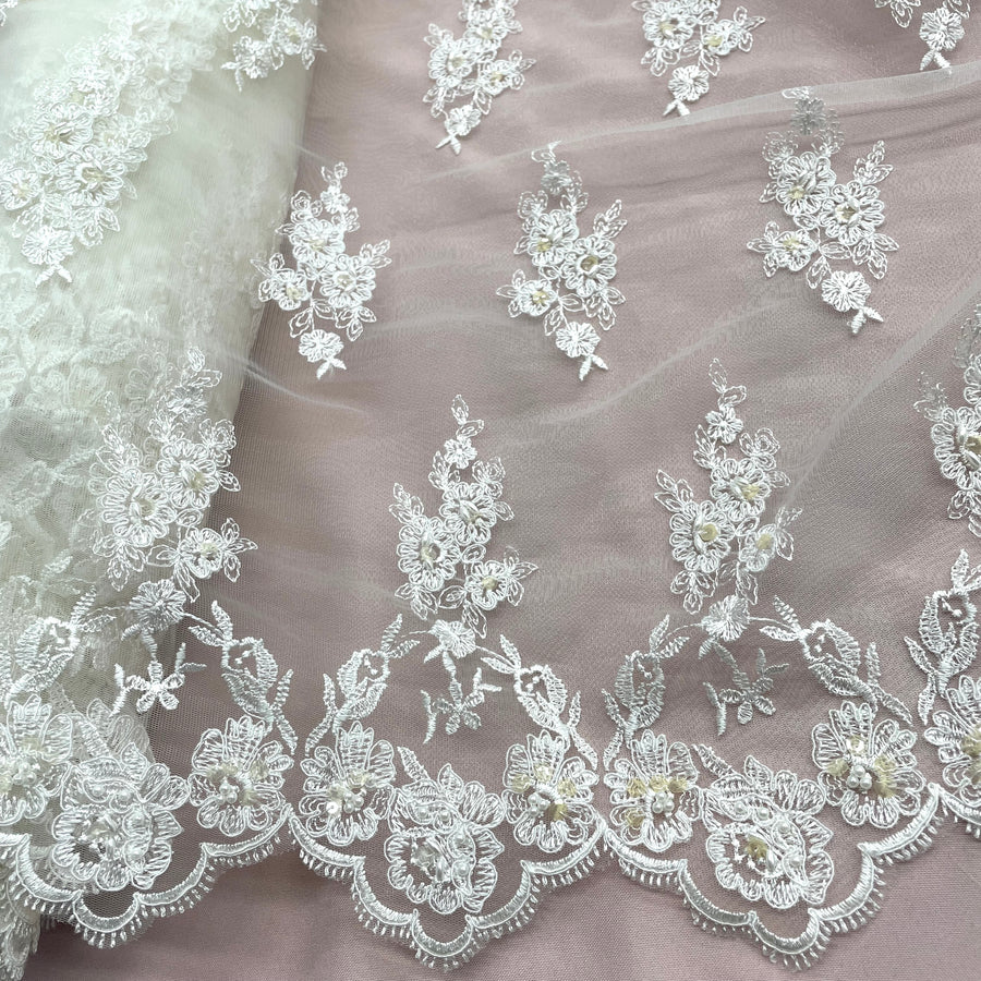 1 Yard - Beaded & Corded Lace Fabric Embroidered on 100% Polyester Net Mesh - Ivory - 53"