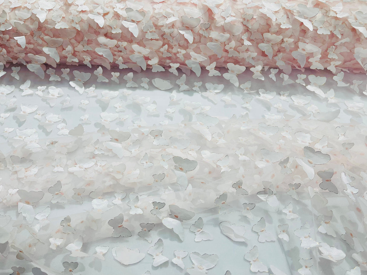 3D Butterfly Metallic Design Polyester Fabric - Metallic Butterfly Embroidery, Mesh Lace, 58" Width (1 Yard)