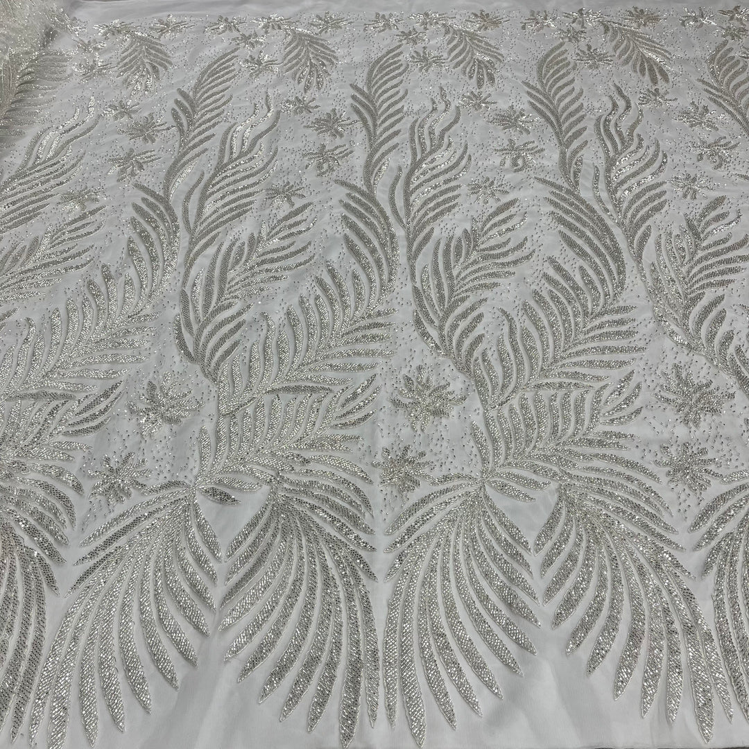 1 Yard Beaded & Corded Bridal Lace Fabric Embroidered on 100% Polyester Net Mesh