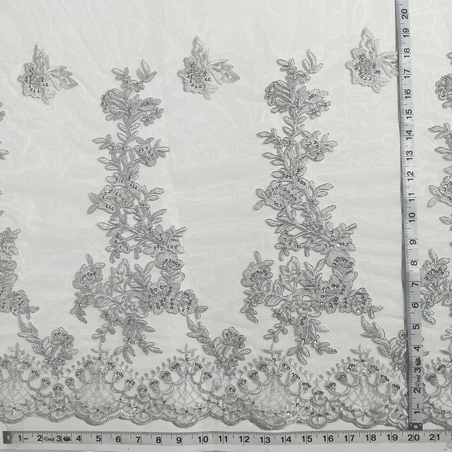 1 Yard Beaded and Corded Bridal Lace Fabric Embroidered on Polyester Net Mesh