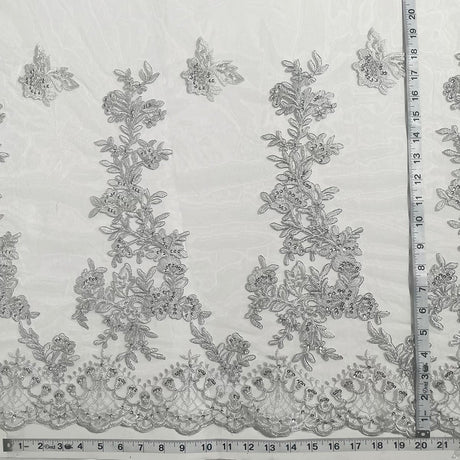1 Yard Beaded and Corded Bridal Lace Fabric Embroidered on Polyester Net Mesh