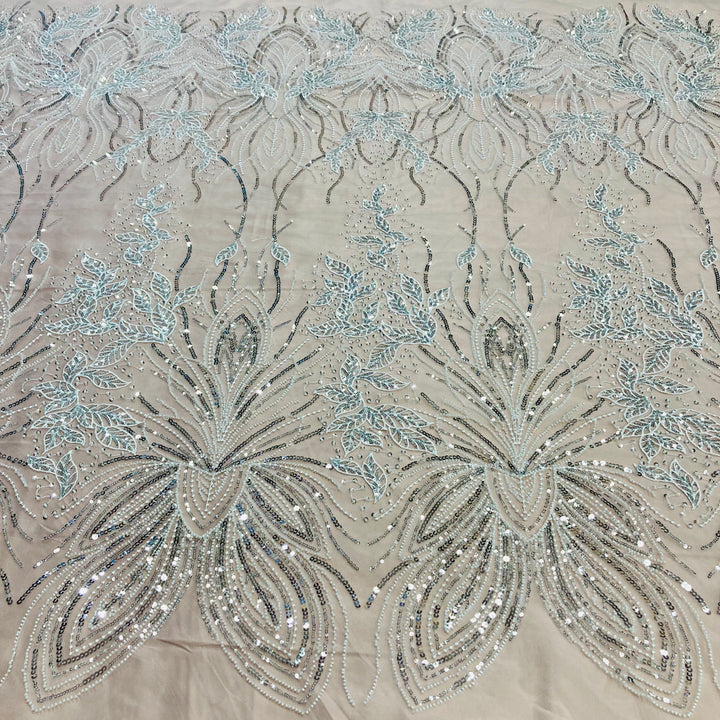 1 Yard Elegant Beaded Lace Fabric Embroidered on 100% Polyester Net Mesh White