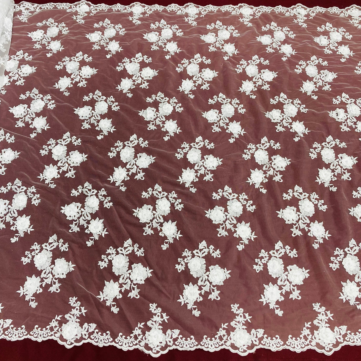 Beaded 3D Floral Lace Fabric White 51"