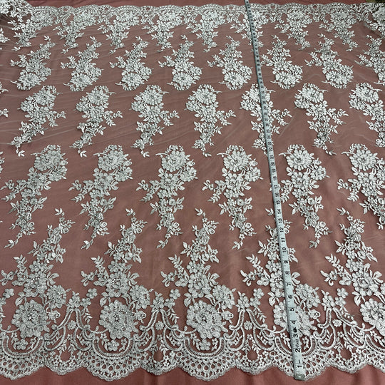 1 Yard Silver Corded Bridal Lace Fabric Embroidered on Polyester Net Mesh Floral Design 54 Inch Width