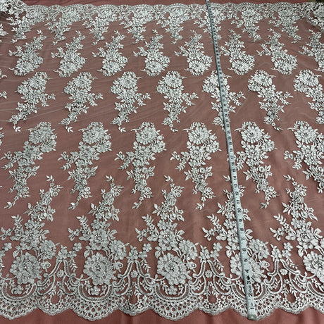 1 Yard Silver Corded Bridal Lace Fabric Embroidered on Polyester Net Mesh Floral Design 54 Inch Width
