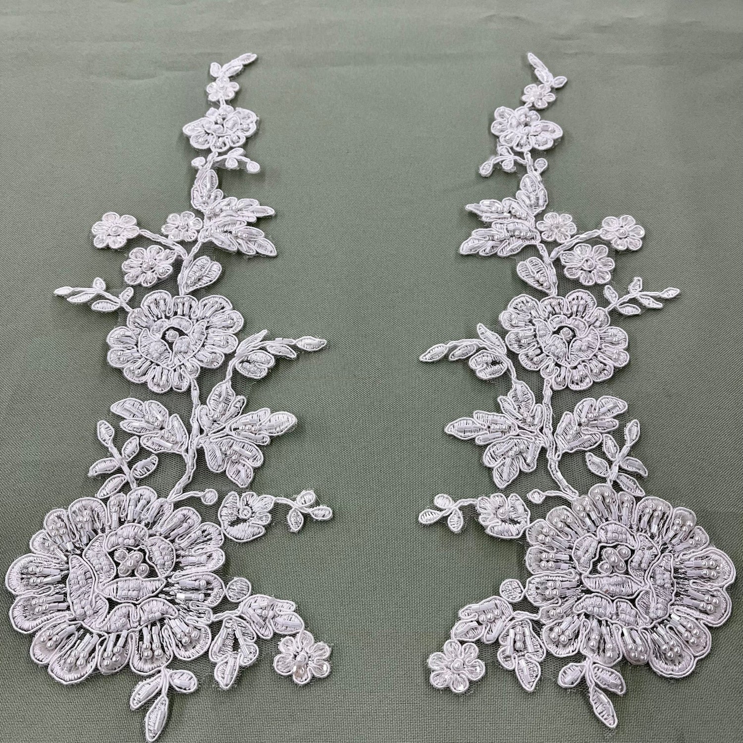 1 Pair 13" x 3.5" Beaded & Corded Floral Lace 100% Polyester Net Mesh