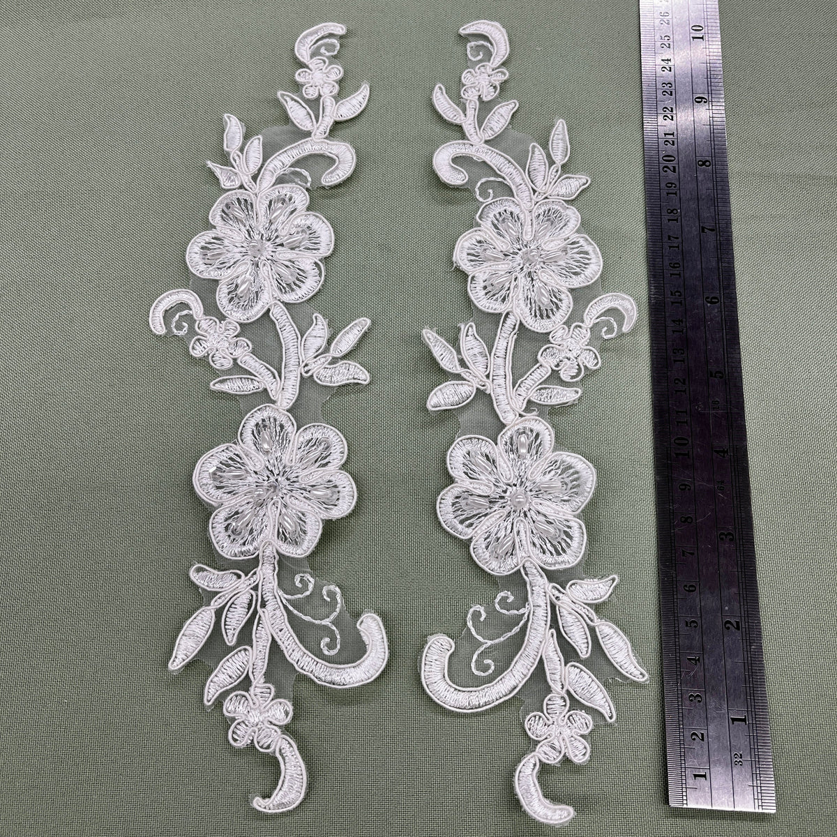 1 Yard Beaded & Corded Lace Applique Embroidered on Polyester Organza for Bridal & Evening Wear 10" X 2"